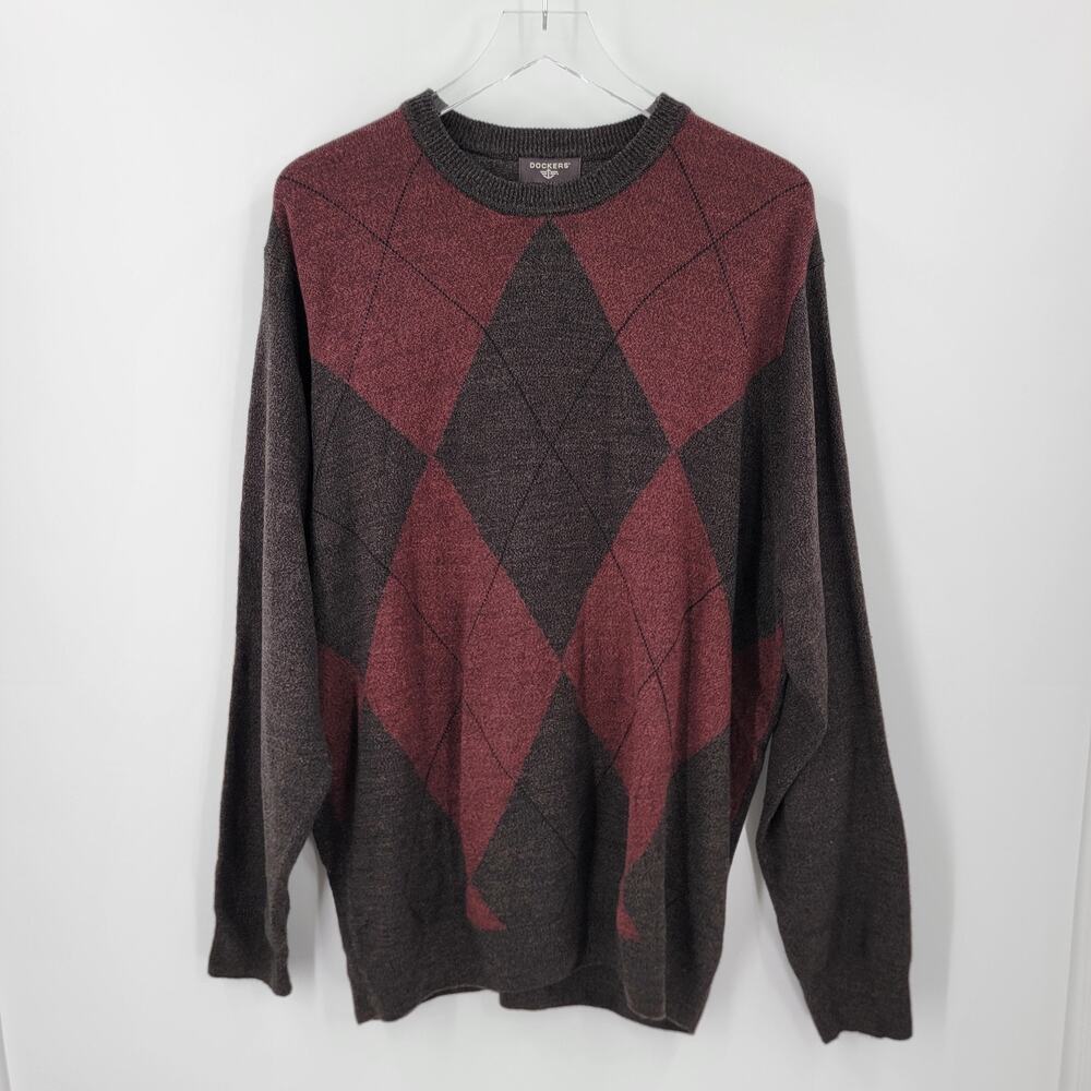 Dockers Men's XL Crewneck Argyle Knit Pullover Sweater Burgundy Gray Acrylic